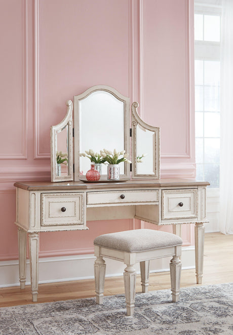 Realyn Two-Tone Vanity full front view with stool
