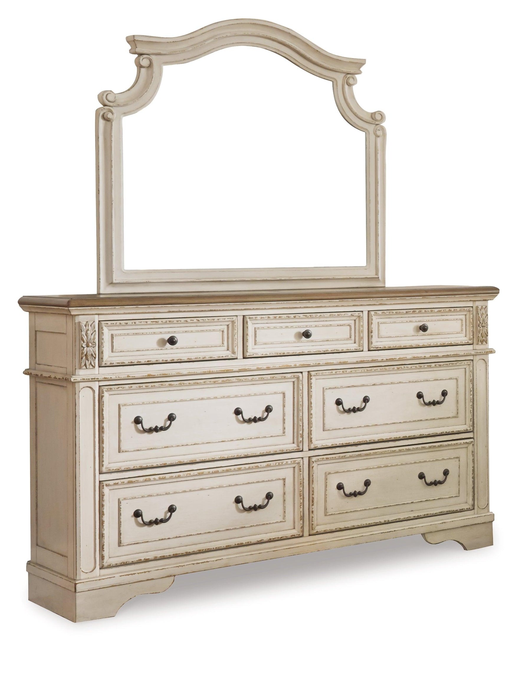 Close-up of Realyn dresser drawer with dark bronze hardware