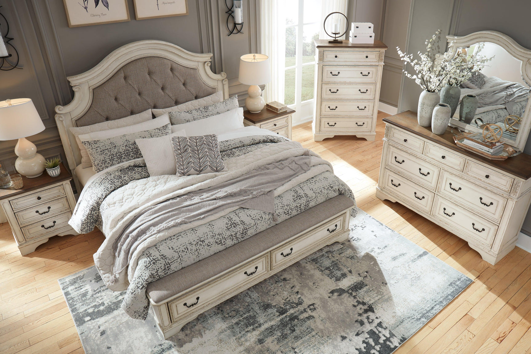 Realyn Two-Tone King Upholstered Bed angled mood lighting