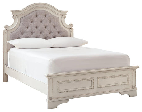 Realyn Full Panel Bed angled view showing upholstered headboard