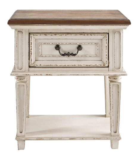 Close-up of nightstand hardware and finish