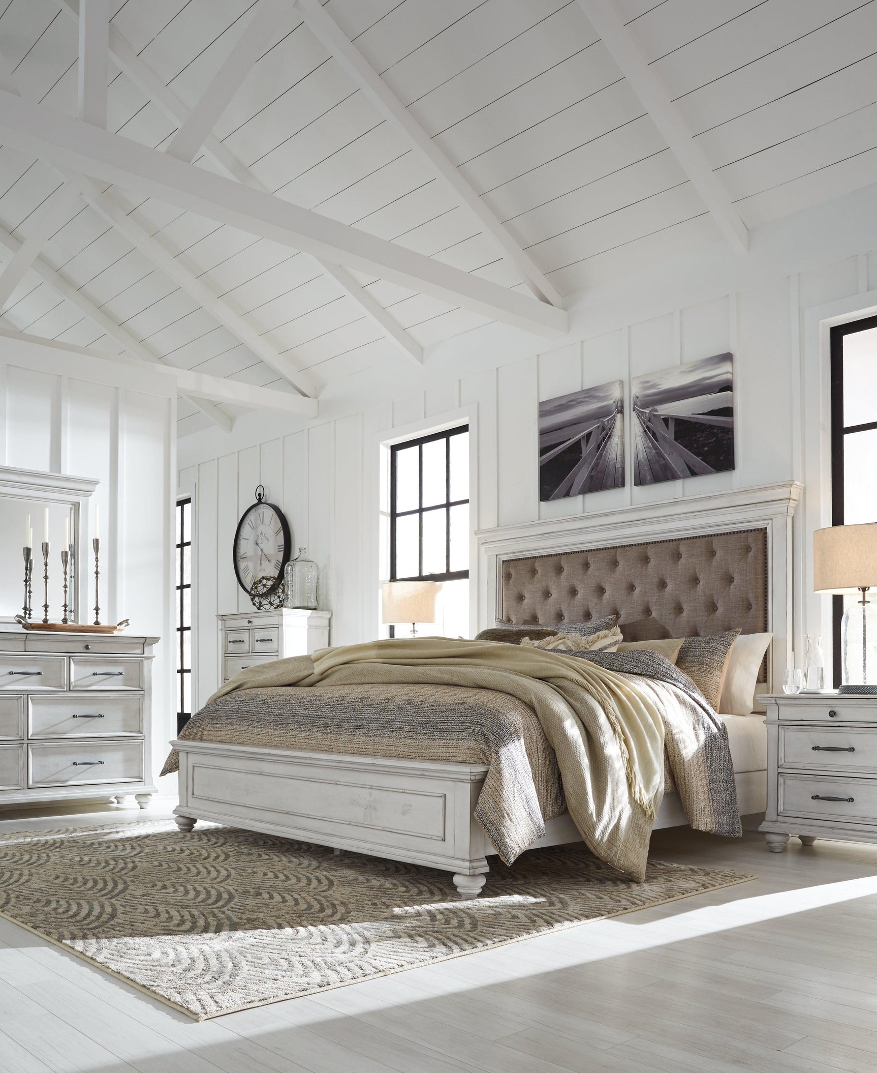 Kanwyn Whitewash King Upholstered Panel Bed Vertical View