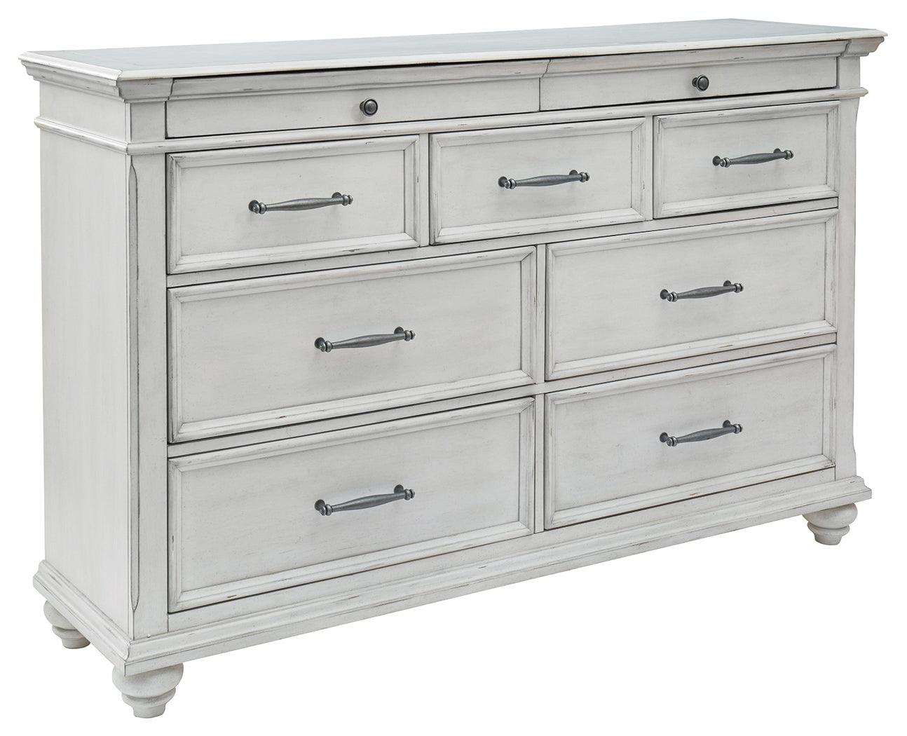 Angled view of Kanwyn Whitewash Dresser showing drawer detail