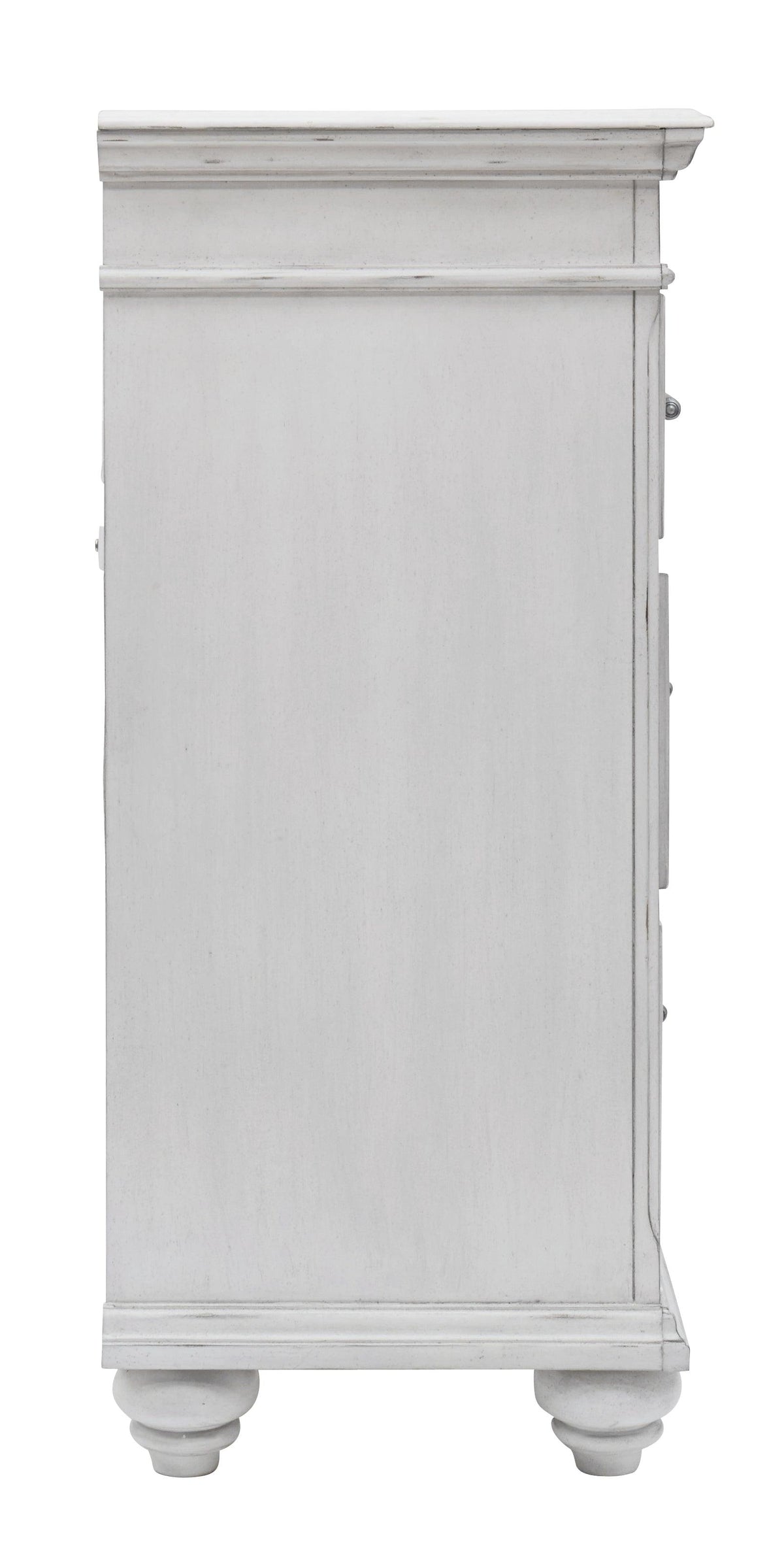 Side angle showing drawer depth and bun feet