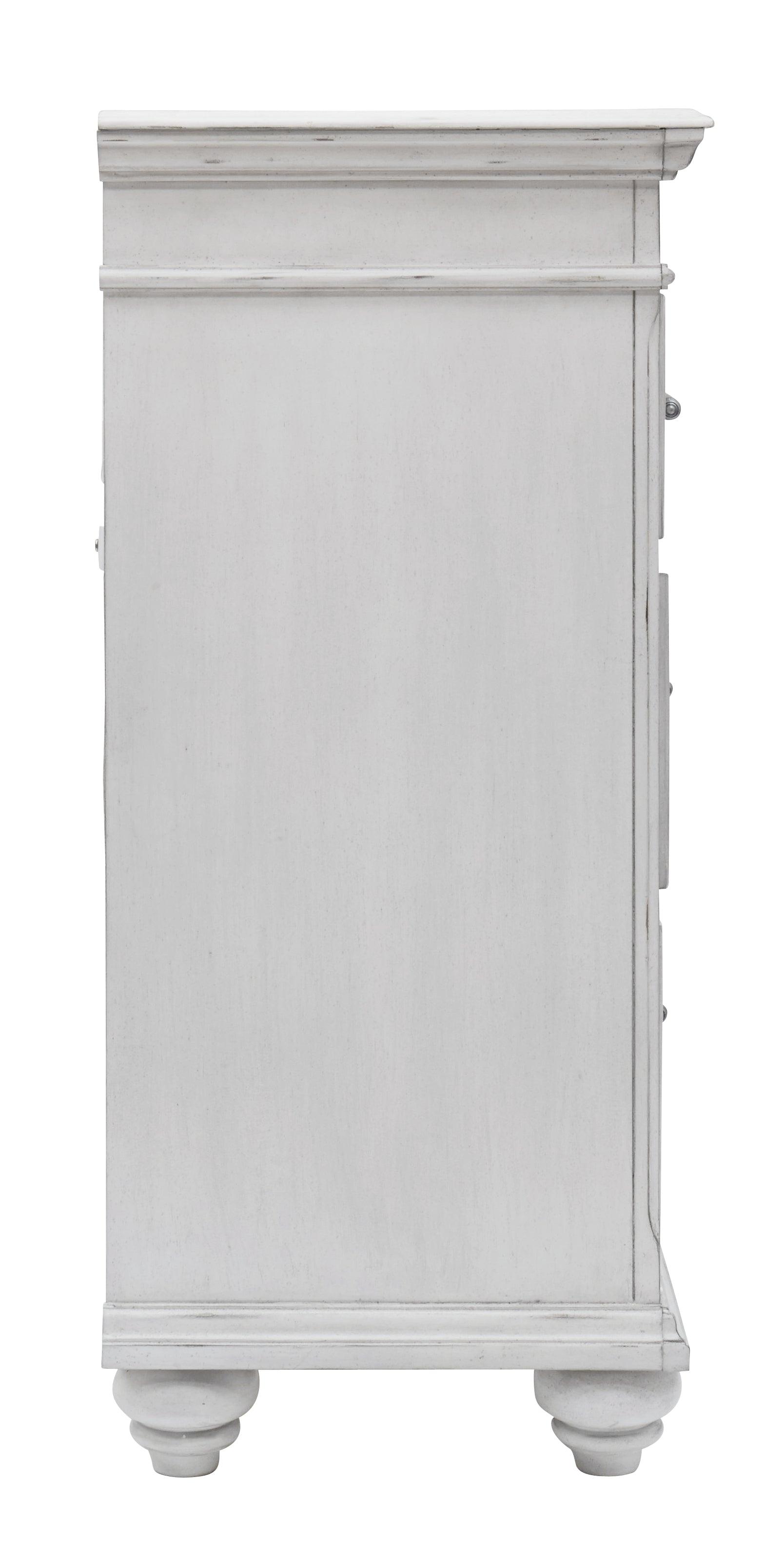Side angle showing drawer depth and bun feet