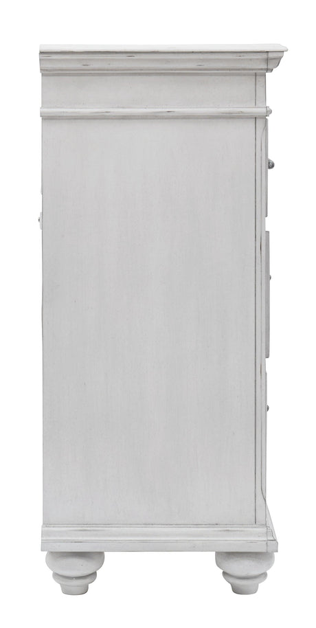 Side angle showing drawer depth and bun feet