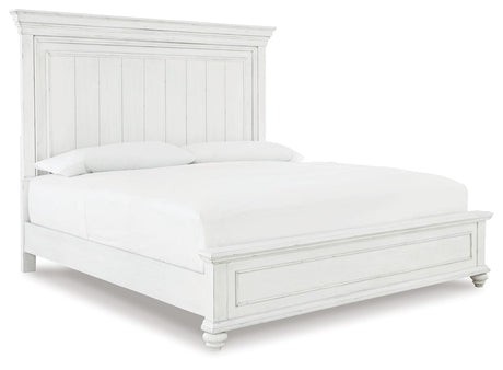 Close-up of Kanwyn King Panel Bed whitewashed wood slatted headboard