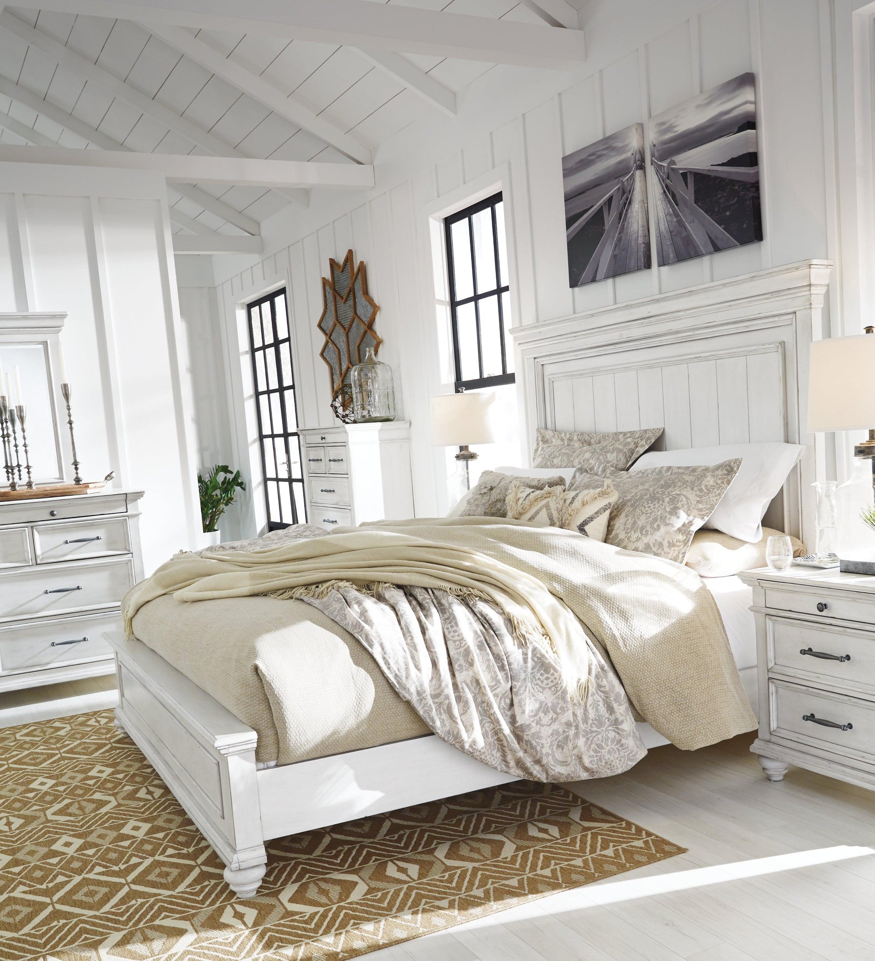 Kanwyn Whitewash King Panel Bed front angle