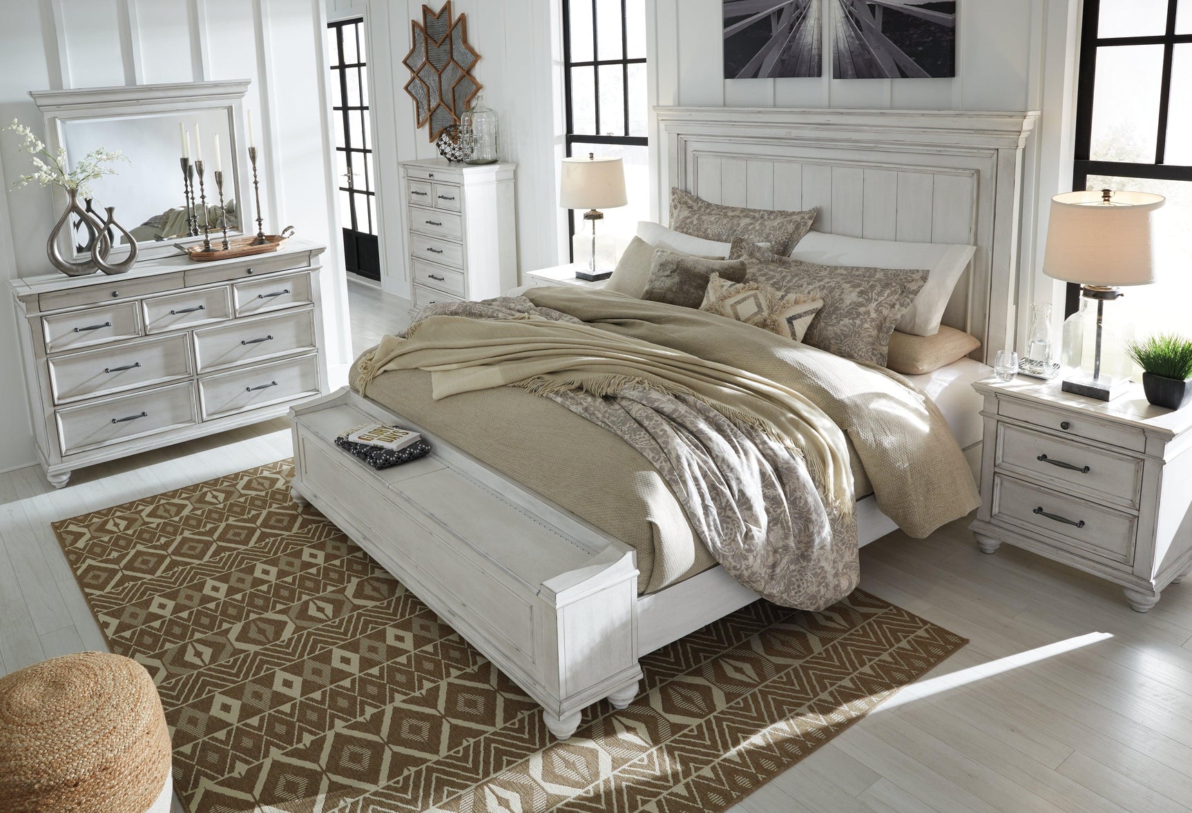 Kanwyn Whitewash Queen Panel Bed angled corner view