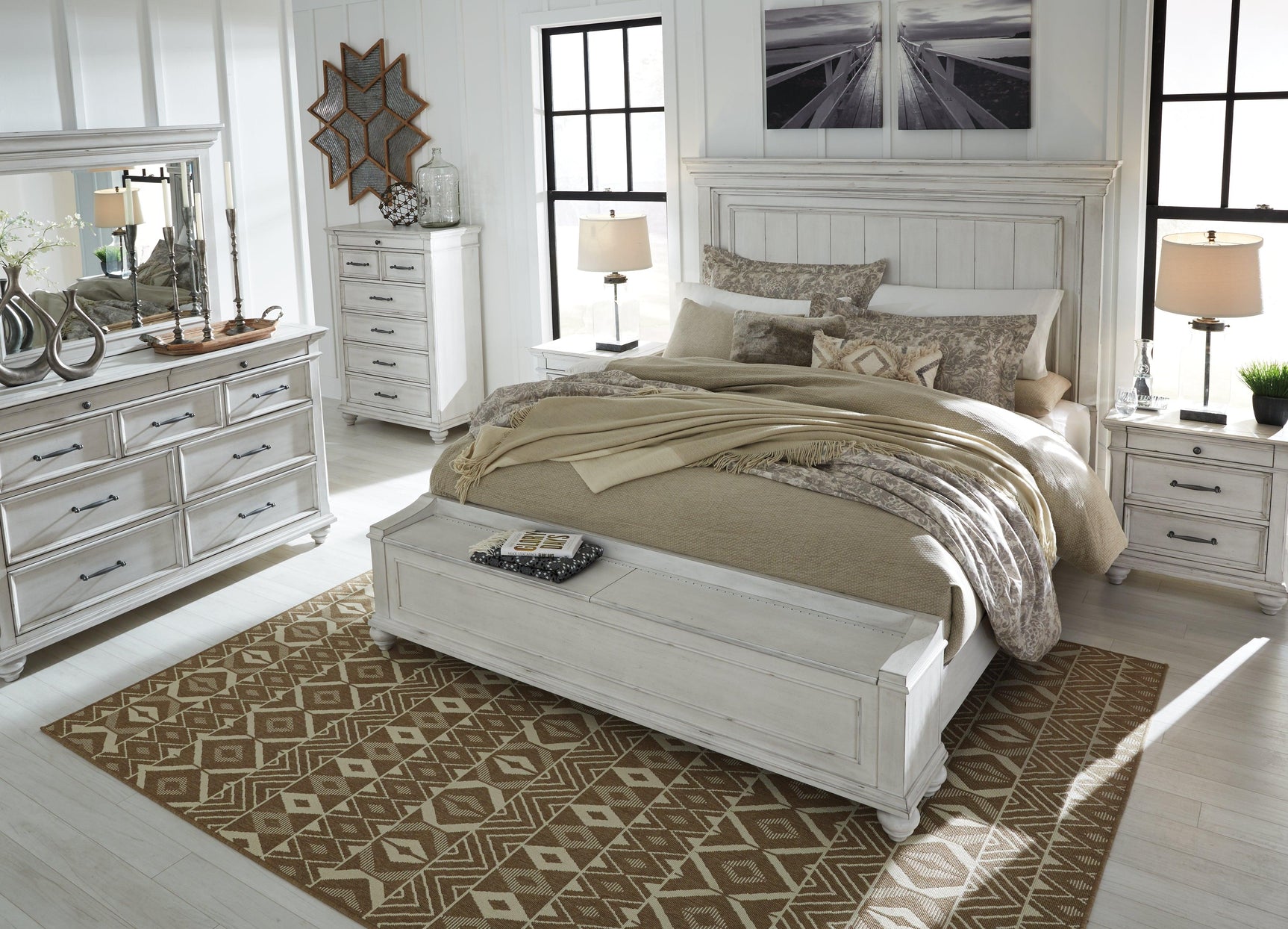 Kanwyn King Panel Bed with storage bench mood lighting C