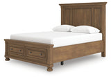Feddinger queen panel storage bed with footboard storage drawers open