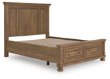 Side view of Feddinger queen panel storage bed showing wood finish