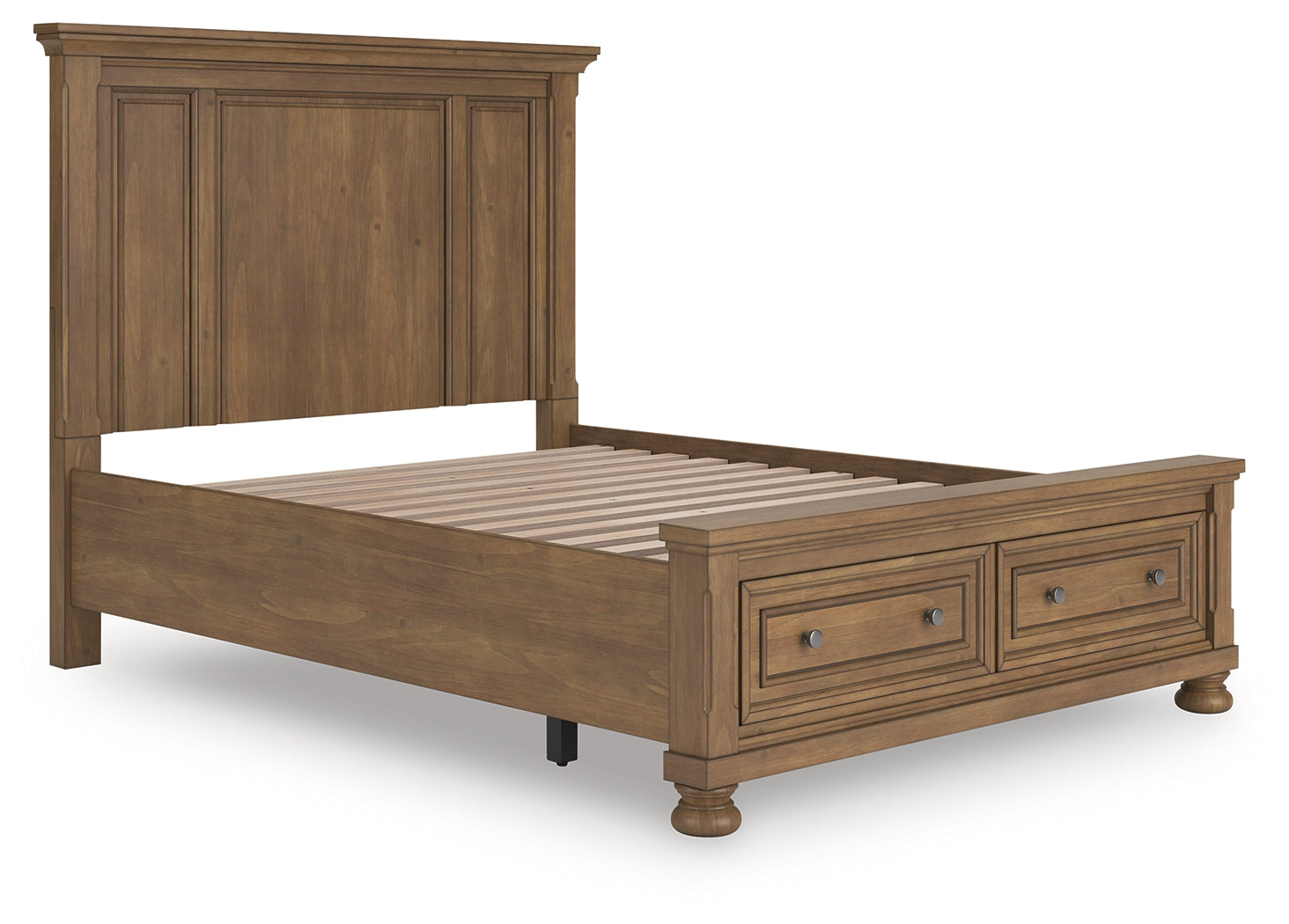 Side view of Feddinger queen panel storage bed showing wood finish