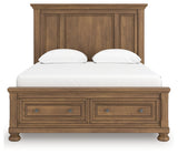 Head-on view of Feddinger queen panel storage bed