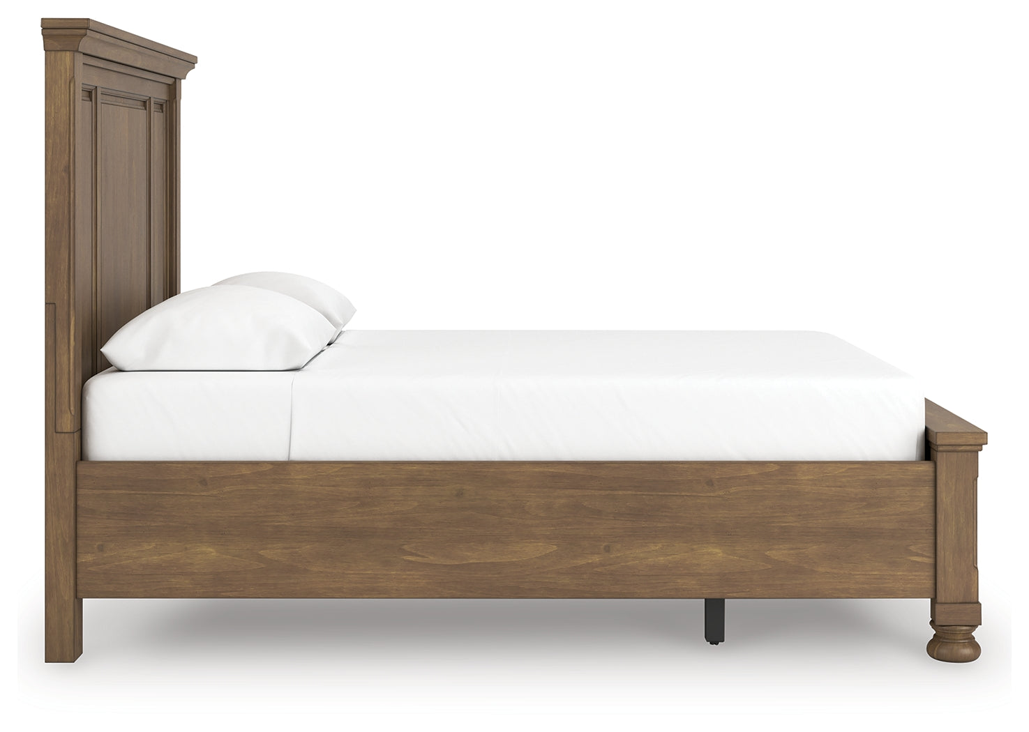 Feddinger queen panel storage bed in bedroom setup, side angle