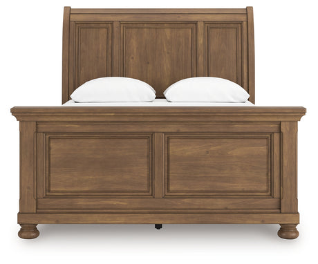 Feddinger Medium Brown Queen Sleigh Bed headboard front close-up