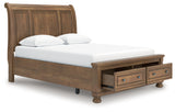 Feddinger queen storage sleigh bed with footboard drawers open