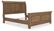 Feddinger king size sleigh bed in medium brown, angled front view