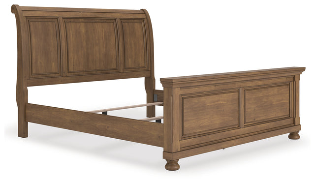 Feddinger king size sleigh bed in medium brown, angled front view
