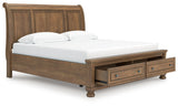 Footboard drawers open showing storage space
