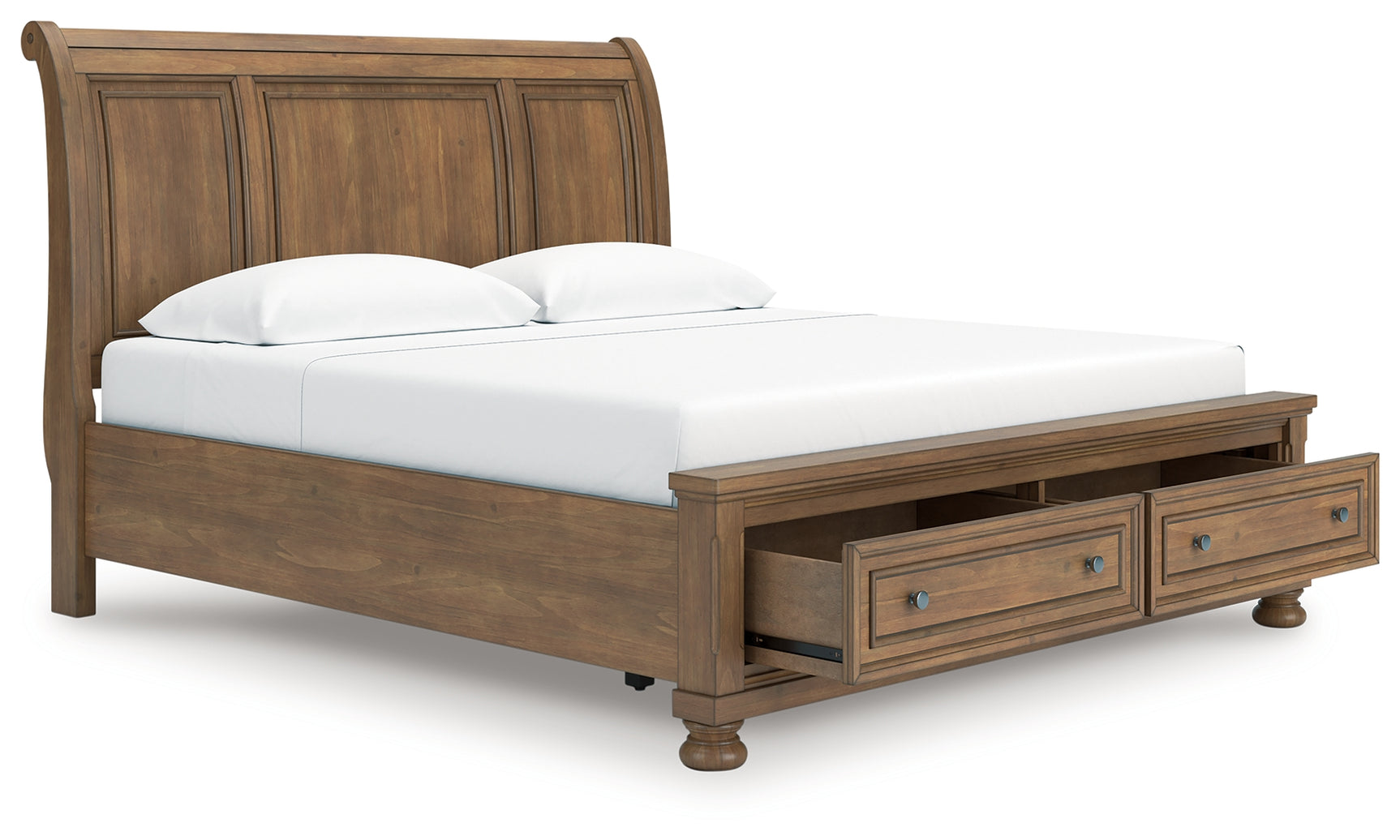 Footboard drawers open showing storage space