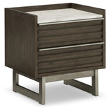 Arkenton nightstand side angle showing metal base and drawer detail