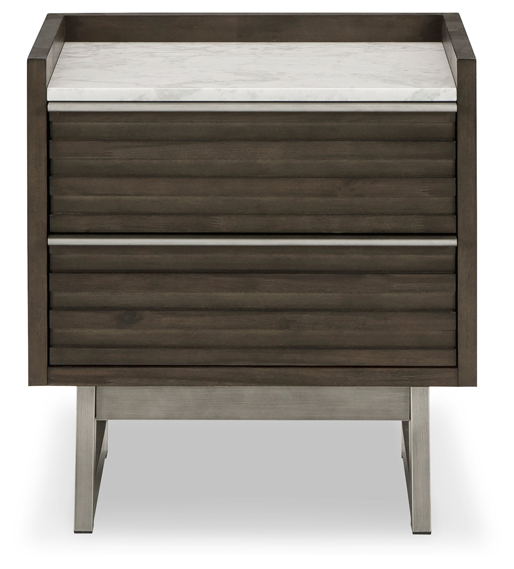 Front profile of Arkenton nightstand highlighting overlay slats