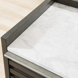 Top detail of white marble gallery top on Arkenton nightstand