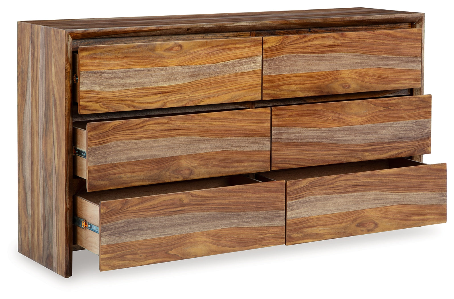 Dressonni Brown Dresser angled open drawers showing interior