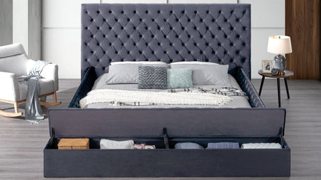 Catalina Gray tufted upholstered queen bed front angle