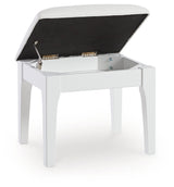 Hinged seat open revealing storage compartment inside