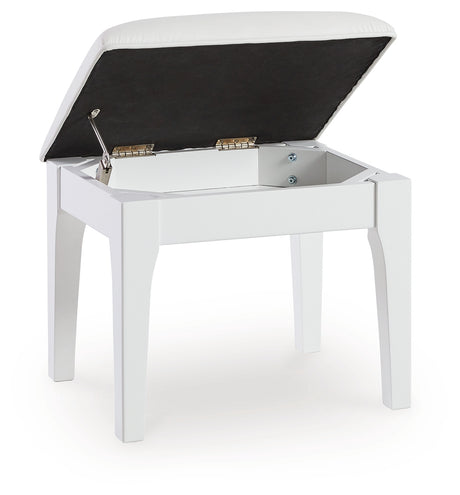 Hinged seat open revealing storage compartment inside