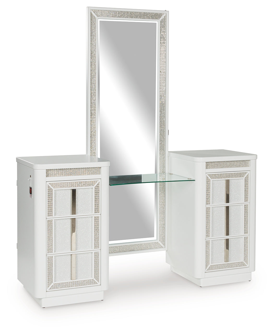 Chalanna white vanity closed drawers with LED lighting on