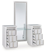 Chalanna white vanity with three drawers open showing storage