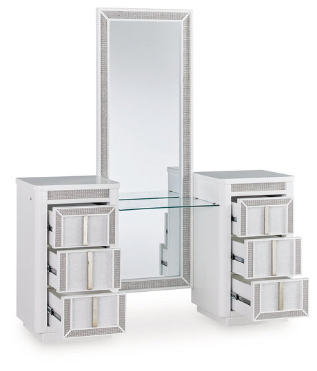 Chalanna white vanity with three drawers open showing storage