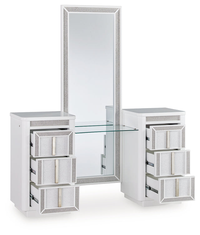 Chalanna white vanity with three drawers open showing storage