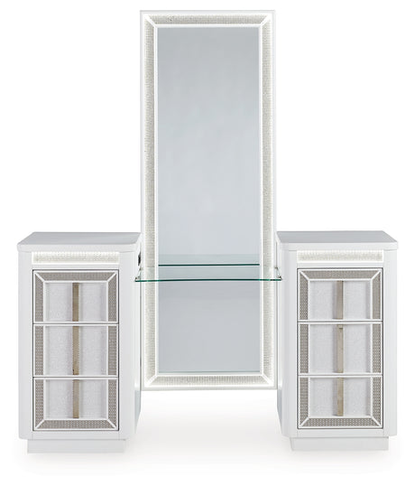 LED-lit mirror with rhinestone frame attached to white vanity
