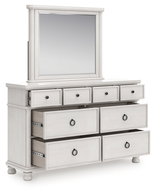 Rowlenstown antique white dresser with mirror angled view