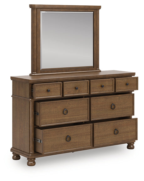 Rowlenstown brown dresser with mirror angled open drawers