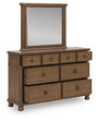 Rowlenstown brown dresser with mirror angled open drawers
