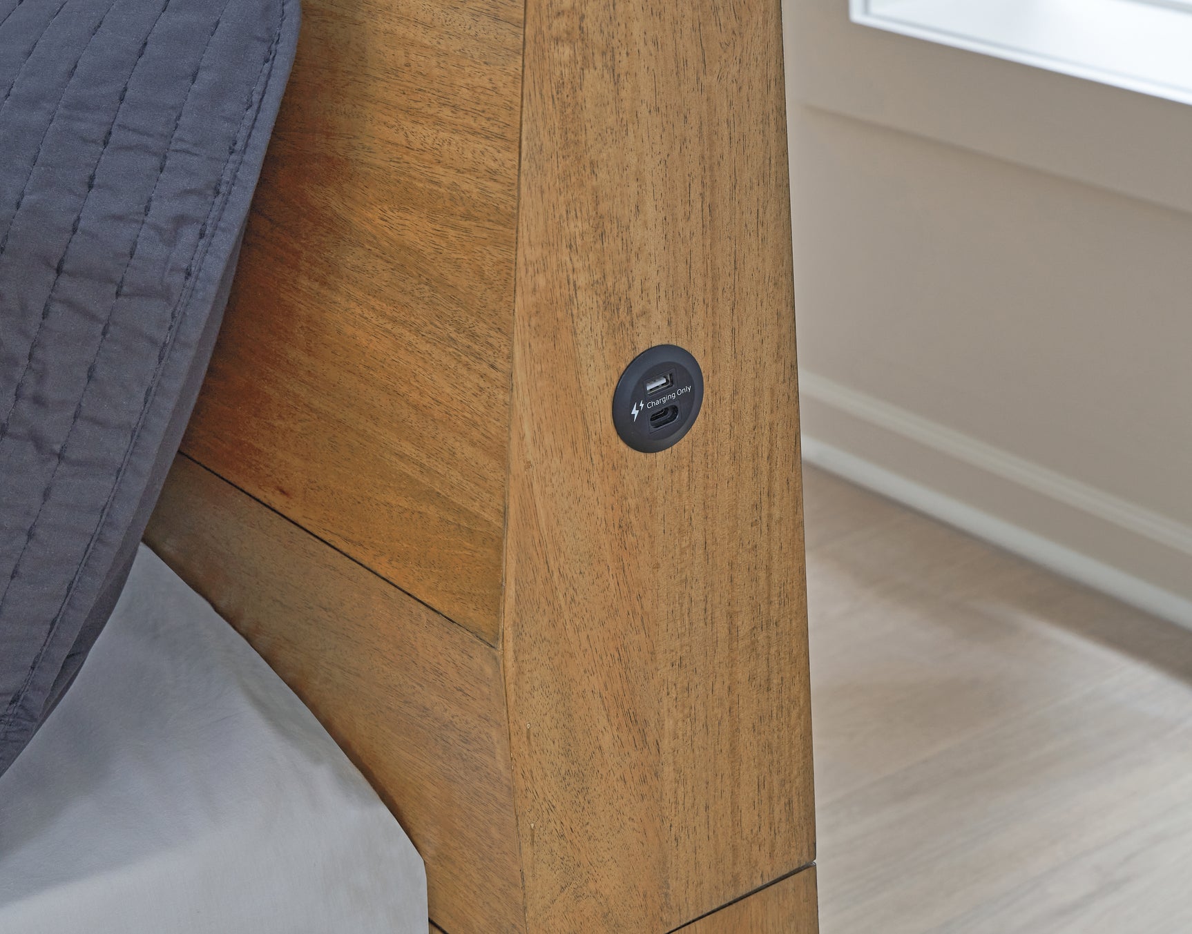 Close-up of Sherbana headboard USB-A and USB-C charging ports