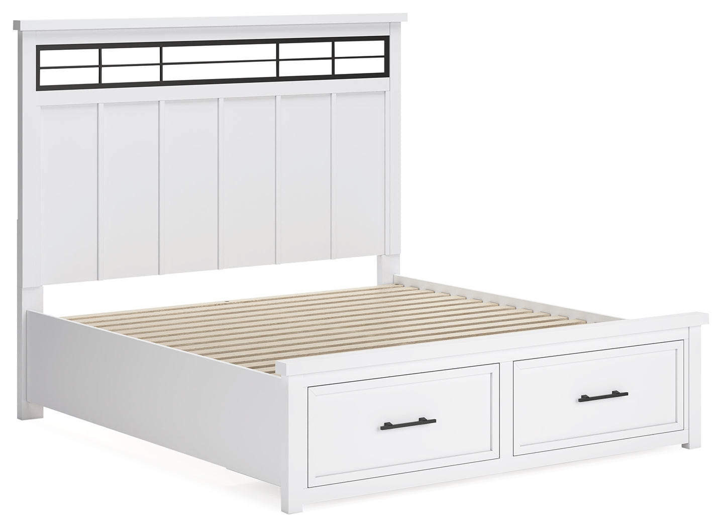 Ashbryn King Storage Bed, close-up of headboard and metal barn sash