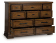 Taffenbrook dresser medium brown angled drawer open view