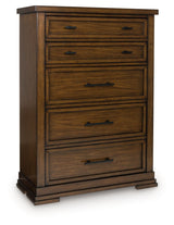 Taffenbrook chest of drawers medium brown angled closed drawer