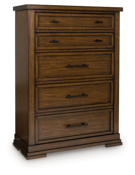 Taffenbrook chest of drawers medium brown angled closed drawer