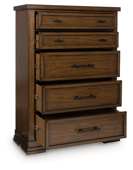 Taffenbrook chest of drawers medium brown front view