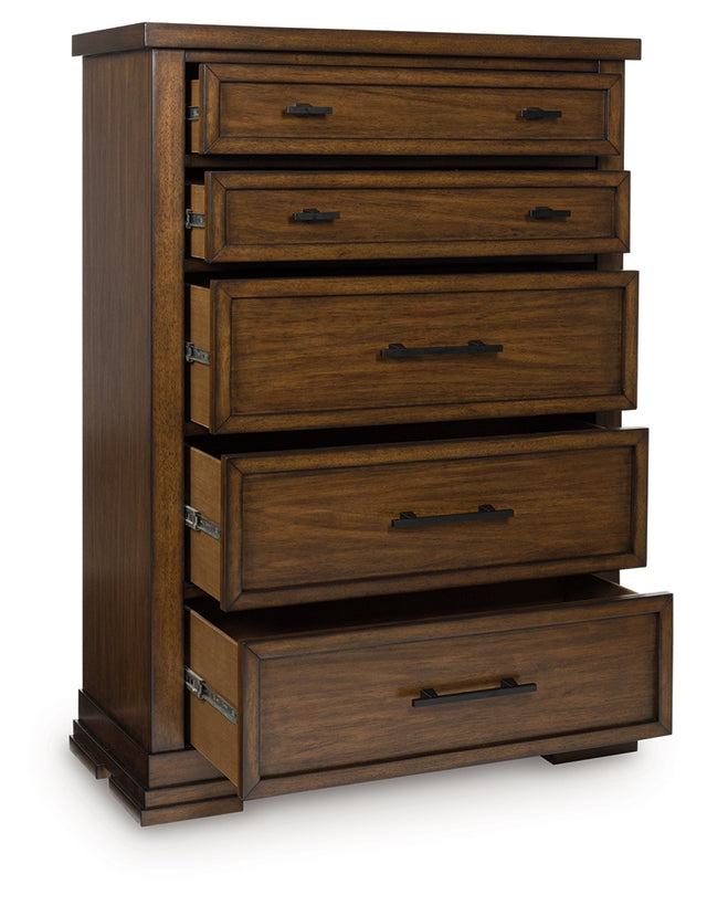 Taffenbrook chest of drawers medium brown front view