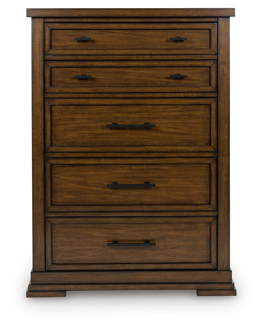 Taffenbrook chest of drawers medium brown head-on view