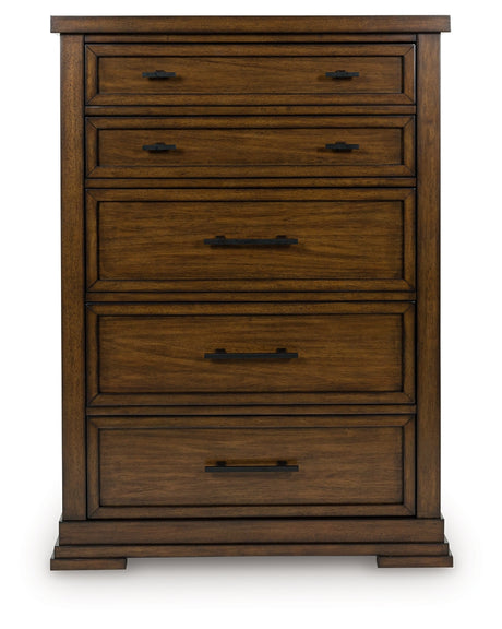 Taffenbrook chest of drawers medium brown head-on view