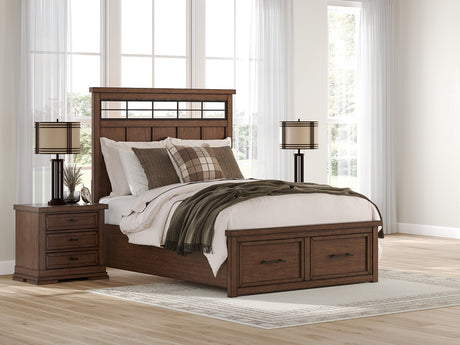 Taffenbrook queen panel bed front view with headboard and storage drawers